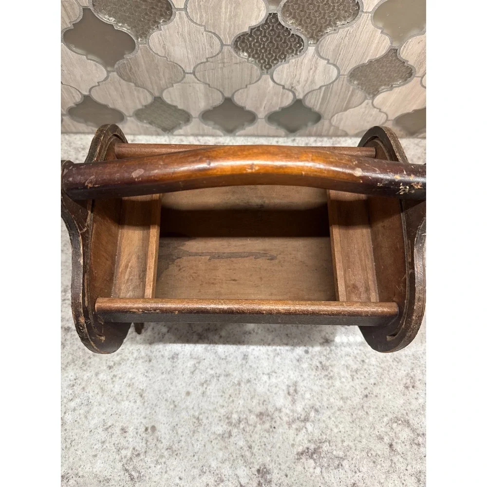 Vintage Wooden Sewing Caddy Rustic Primitive Tool Carrier Handle Farmhouse Brown